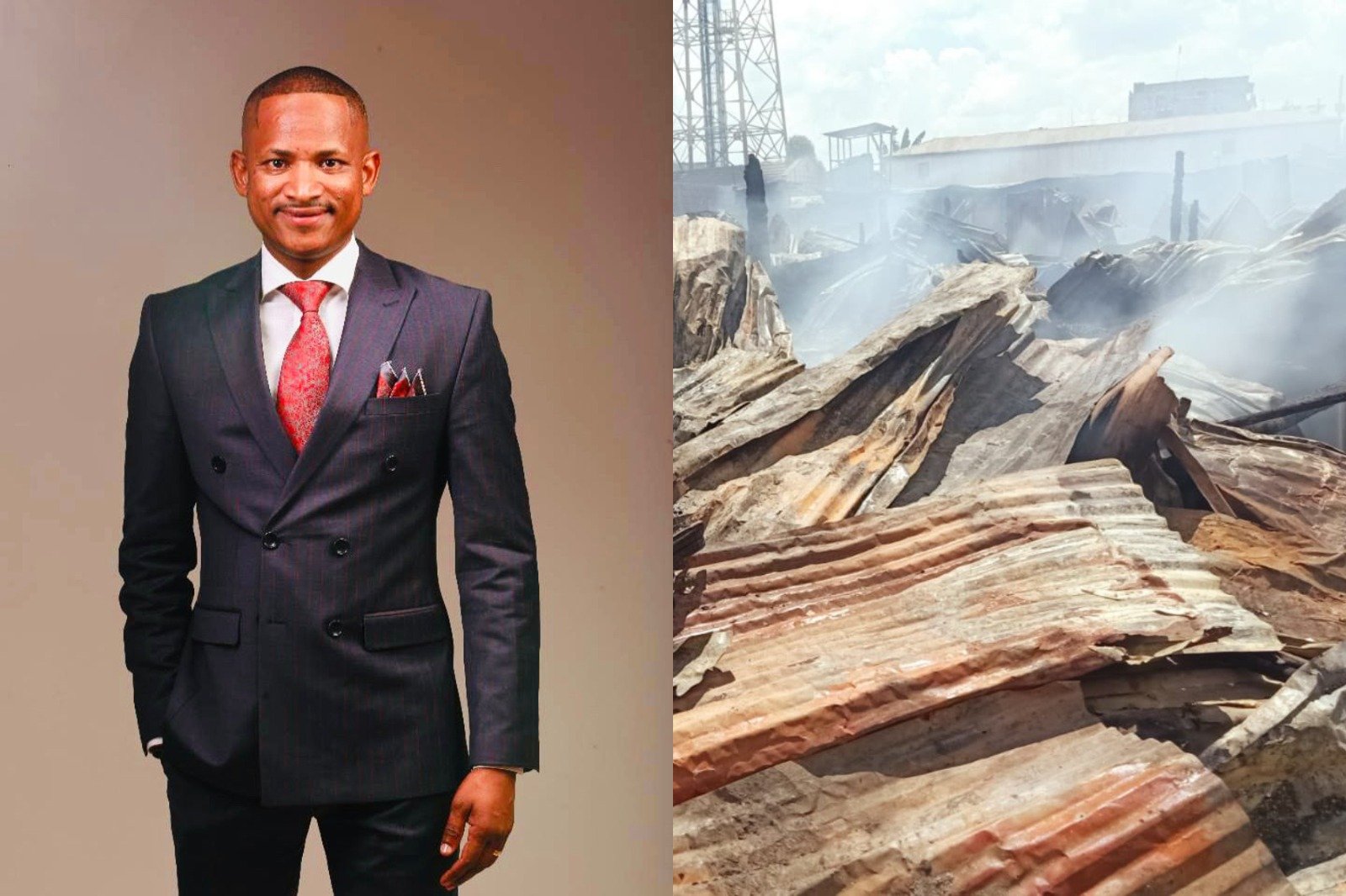 Collage photo of Babu Owino and houses destroyed by fire in Mradi area.